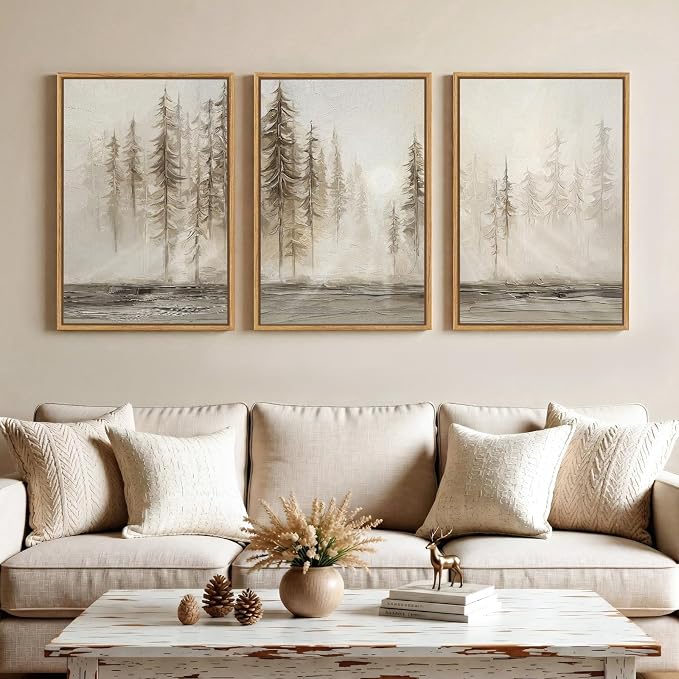 Framed Neutral Abstract Tree Landscape Wall Art for Living Room, 20x30 Inch | 3 piece, Modern, Canvas artwork, Pine tree forest picture, Farmhouse wall decor, Home office art, Ready to hang, Wood frame