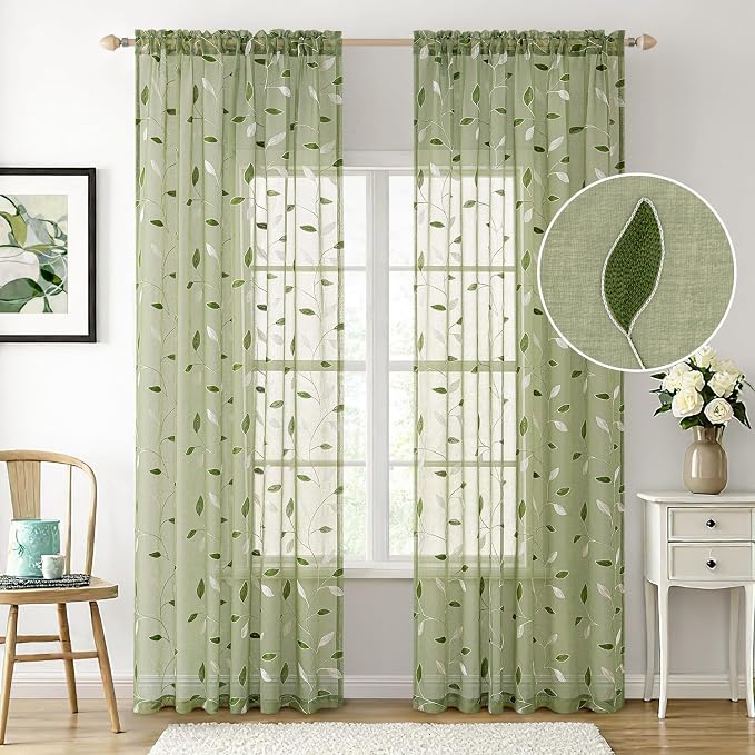 MIULEE Sage Green Sheer Curtains 2 Panels Leaf Patterned, W52 x L96 | Embroidered Floral Semi Sheer,Rod Pocket,Faux Linen,Short Window Curtains Drapes Set for Kitchen/Bathroom/Cafe