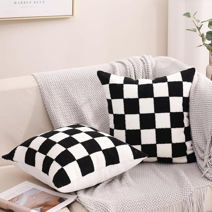 Alysheer Checkered Embroidered Throw Pillow Covers 18"x 18" 2pc Black White