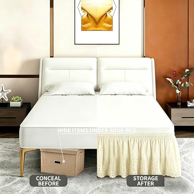 ANARACHON Twin Bed Skirt, Wrap-Around Elastic Ruffled Eyelet Bed Skirt Twin Size Dust Ruffle with Gathered Styling and Embroidered Details, 14" Drop Length (Light Yellow)