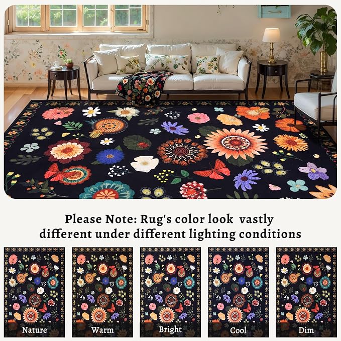 Ciicool 4x6 Washable Area Rug Floral Living Room Rugs for Bedroom Bedside | Soft Low Pile Carpet for Hallway Entryway Playroom Laundry Office Home Boho Non-Slip Black Carpets