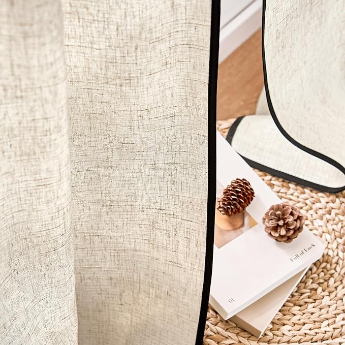 jinchan Beige Linen Curtains with Black Trim Back Tab 50 x 90 Inch 2 Panels | Semi sheer light filtering, modern farmhouse curtains for living room and bedroom, back tab rod pocket, machine washable