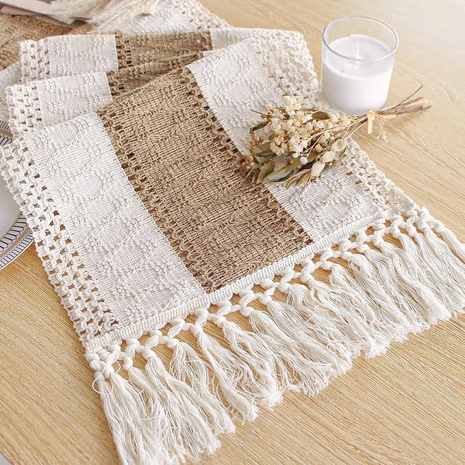 FEXIA Boho Table Runner for Fall Home Decor 12x48 Rustic with Tassels | 48 Inches Long Farmhouse Kitchen Dining Room Macrame Burlap Coffee Table Decoration Dresser Runner Pottery Barn Furniture