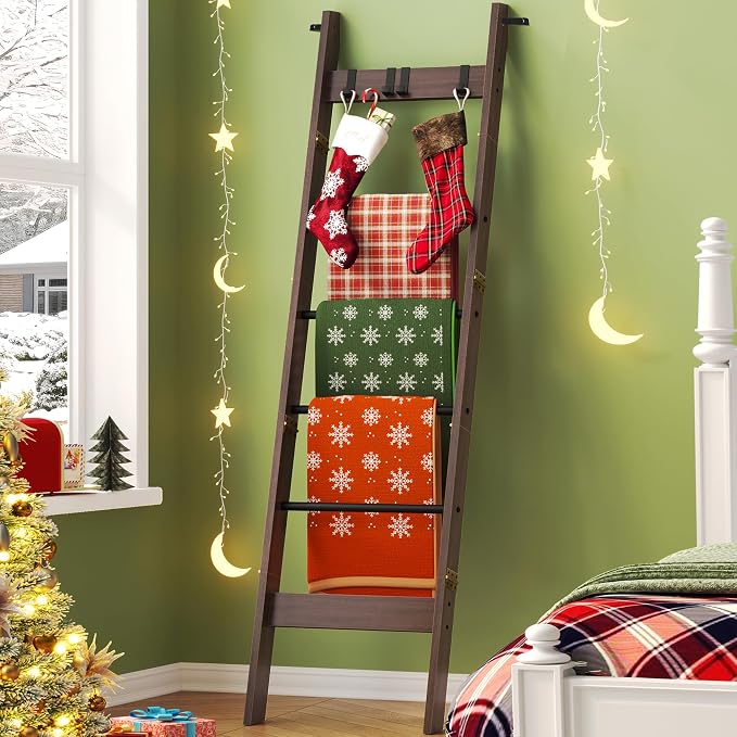 Hzuaneri Blanket Ladder Decorative Quilt Rack with 4 Removable Hooks | 6-Tier Farmhouse Ladder Holder Shelf Organizer for Living Room Bedroom, Black Tea Brown and Black BR31520B