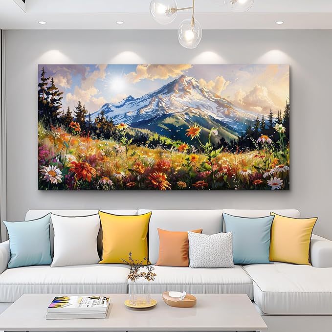 FUHAIHUA Large Framed Wall Decor For Living Room Canvas Wall Art For Office Farmhouse Wall Decorations For Bedroom Mountain Flower Landscape Paintings Modern Pictures Artwork Home Decor 24x48 In