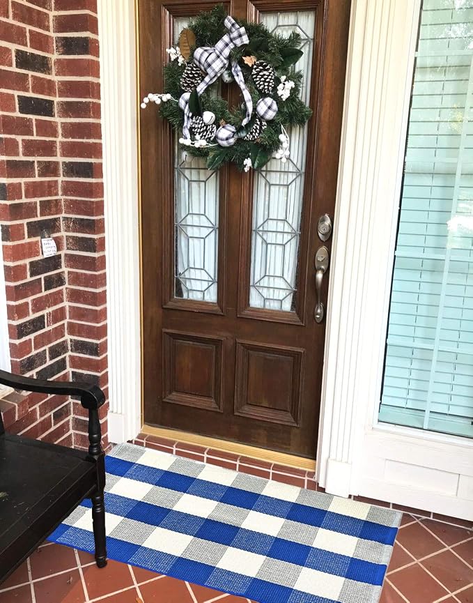 Levinis Buffalo Check Rug 2' x 3'- Cotton Washable Front Porch Rugs Door Mats Hand-Woven Checkered Plaid Rug for Entry Way/Kitchen/Bathroom/Bedroom, (Blue and White Plaid, 23.6"x 35.4")