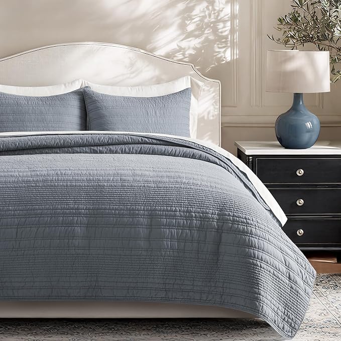 EVERGRACEHOME 100% Cotton Modern Lines Quilt Set King Size, Smoky Blue | Pre-Washed Soft Cotton, Striped Coverlet Bedspread, 3 Piece Lightweight Bedding Set for All Season, with 2 Pillow Shams