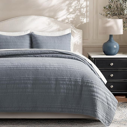 EVERGRACEHOME 100% Cotton Modern Lines Quilt Set Queen Size, Smoky Blue | Pre-Washed Soft Cotton, Striped Coverlet Bedspread, 3 Piece Lightweight Bedding Set for All Season, with 2 Pillow Shams