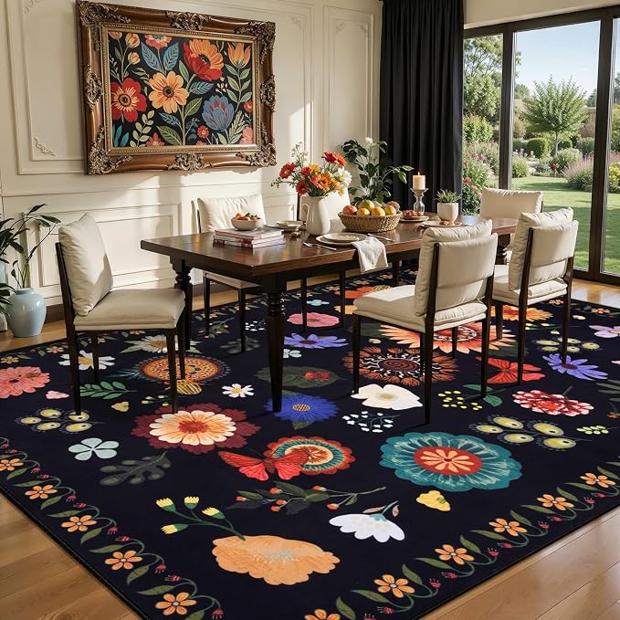 Ciicool 9x12 Area Rug for Living Room，Floral Non Slip Machine Washable Rugs | Soft Indoor Large Carpet for Bedside Dining Room Bedroom Nursery Playroom Home Office