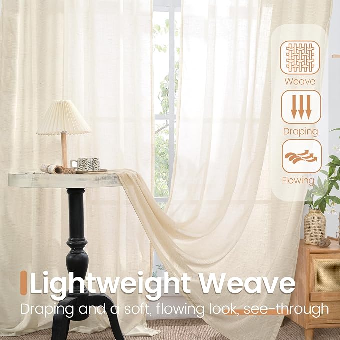 BGment Linen Kitchen Window Curtains Over Sink, 36 Inch Length Cafe Drapes | Beige Semi Sheer with Rod Pocket Light Filtering for Bathroom Small Window, 2 Panels Set, 30 X 36 Inch