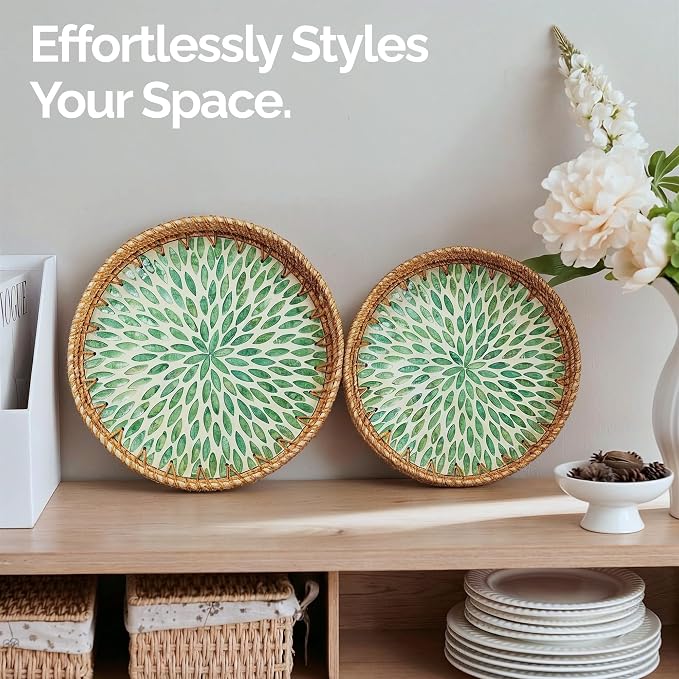 JUNGLE CULTURE Round Rattan Tray with Mother of Pearl Inlay • Everglade 14"