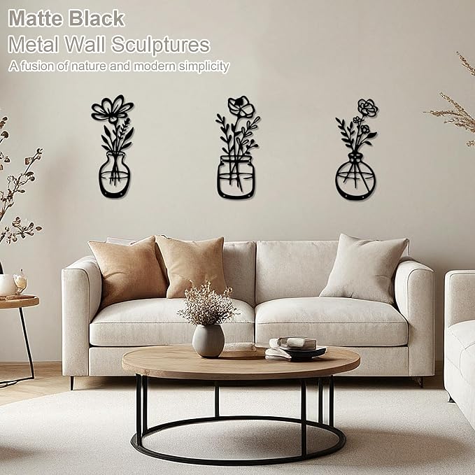 Lufstd Flower Wall Decor, 3 Piece Metal Flower Wall Art, Metal Flowers Wall Decor for Living Room, Bedroom, Dining Room, Bathroom, Kitchen (Matte Black