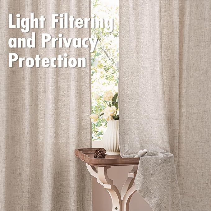 MIULEE Faux Linen Curtains 92 Inch Length 2 Panels Natural Semi Sheer Curtain with Back Tab Rod Pocket, Light Filtering Window Privacy Burlap Drapes for Living Room Bedroom 42W x 92L Linen