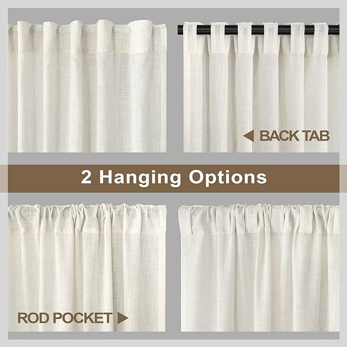 Pitalk 48 Inch Curtains for Cafe Kitchen Cream Linen Semi Sheer Short Curtains & Drapes Privacy with Light Filtering Curtain for Small Window 52 x 48 Inches Long Length 2 Panels Back Tab Ivory Colored