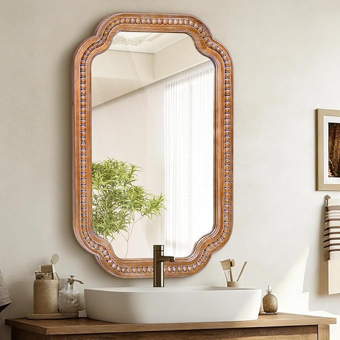 24x36 Inch Farmhouse Beaded Wall Mirror | Wood Scalloped Decorative Mirror, French Vintage Accent Mirror for Bathroom, Entryway & Glam Boho Decor