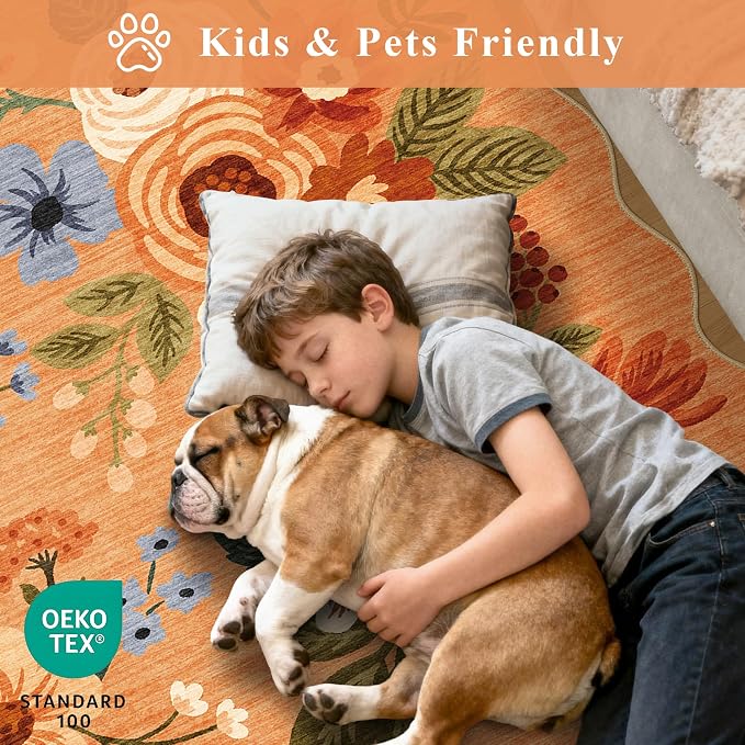 DUKINO 6x9 Area Rugs, Floral Washable Rug for Living Room Non Slip, Orange | Low Pile, Stain Resistant, Soft Indoor Large Rugs for Bedroom, Dining Room, Kids Playroom, Nursery, Pet Friendly, Home Decor