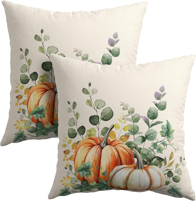 Fall Throw Pillow Cover 20x20 Inch Pack of 2 Autumn Watercolor Pumpkin Sage Green Leaf Outdoor Pillow Protector Thanksgiving Sofa Cotton Linen Square Pillow Set Farmhouse Pillowcases for Home Bed