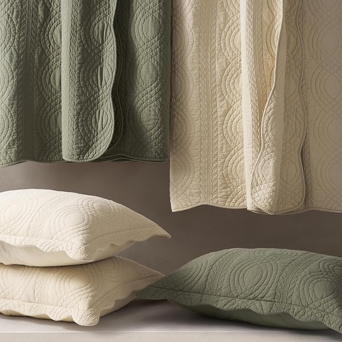 EverGrace 100% Cotton Scallop Quilt Set, King Size, Olive Green | Scalloped Border, Timeless Chic Aesthetic, All-Season Comfort, Perfect French Country Bedroom Decor, 3 Piece Set with 2 Shams
