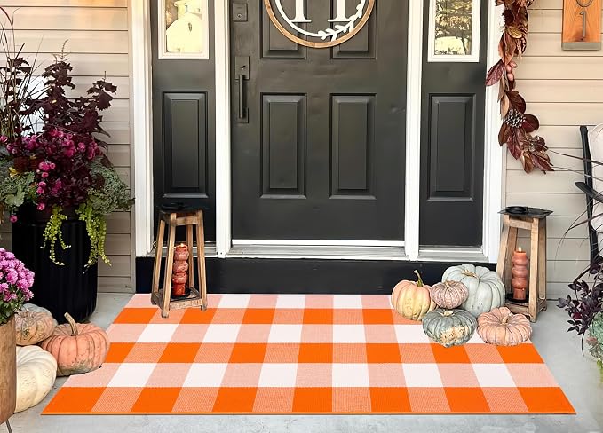 Front Porch Rug 24''x51''Orange and White Outdoor Rug Cotton Washable Fall Door Mat Outdoor for Layered Doormat Halloween Door Mat Kitchen Farmhouse Entryway