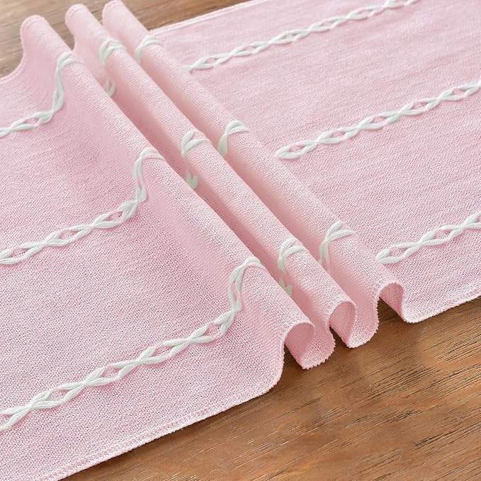 Wracra Rustic Linen Table Runner, Pink Table Runners 72 inches Long | Raised Embroidered Design and Hand-Tassels;Cotton Linen Woven Fabric; Farmhouse Table Runner;Home Kitchen Dining Decor