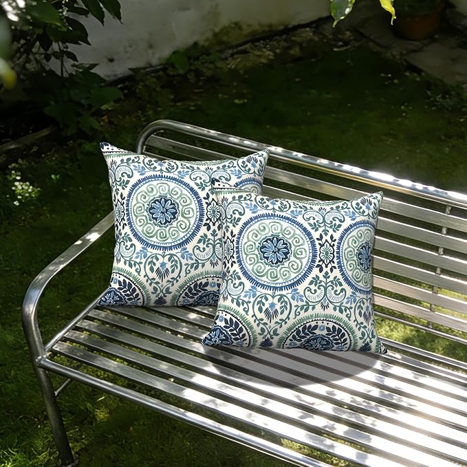Outdoor Throw Pillow Covers 18x18 Inch, Decorative Pillow Covers for Patio Furniture, Medallion Blue Modern Cushion Cases for Garden Couch Home Sofa, Pack of 2