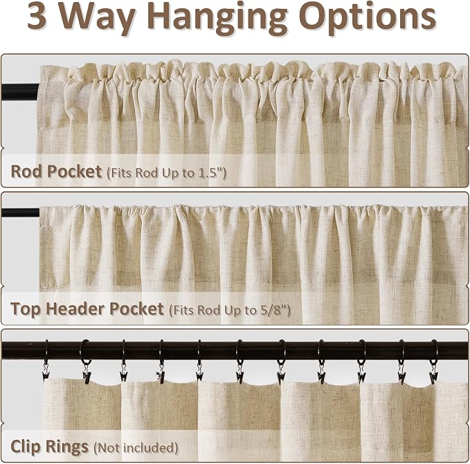 Linen Curtains 96 Inch Length for Living Room Bedroom 2 Panels Set Rod Pocket Light Filtering Semi Sheer Window Curtains 52 Inch Width Boho Farmhouse Drapes Flax Beige Linen, W52xL96