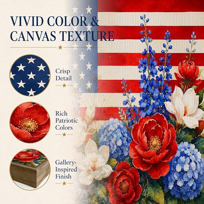American Flag Framed Canvas Wall Art, 4th of July Floral Canvas Prints | Wildflower Landscape Poster Print, Vintage Rustic Independence Day Wall Decor for Bedroom Living Room Office 8×10in