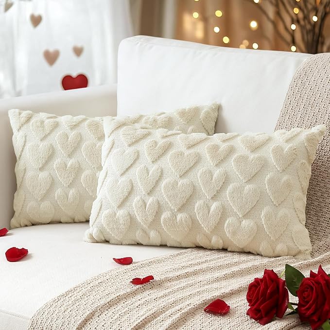 Artscope Valentines Pillow Covers 12x20 Set of 2 Decorative Love Heart Valentines Day Throw Pillow Cases Soft Plush Faux Fur Couch Cushion Case for Holiday Sofa Bed Room Home Decor-Beige Heart
