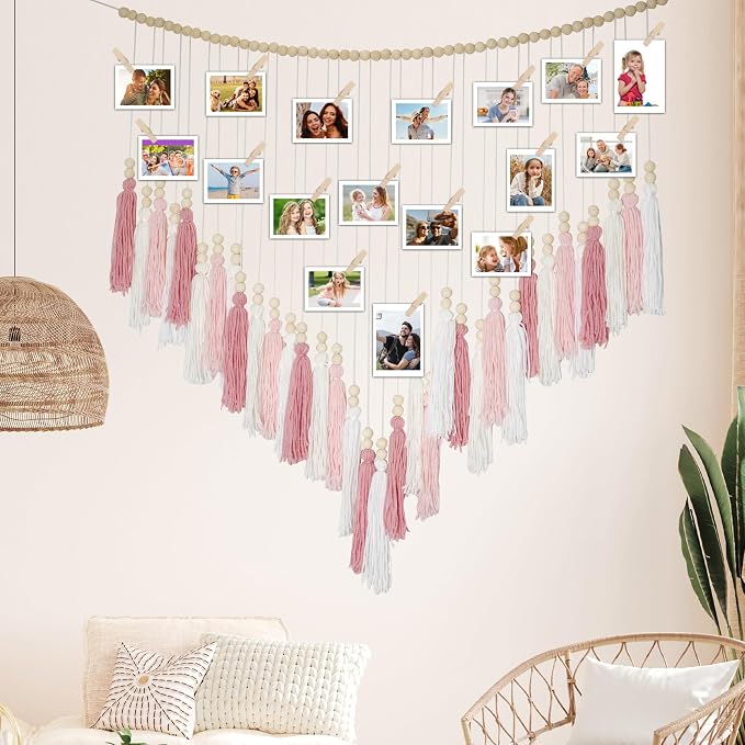 Macrame Hanging Photo Display Wall Decor, Macrame Photo Wall Hanging Boho Room Bedroom Wooden Beads Garland Picture Holder Photo Display Cilp with 30 Clip