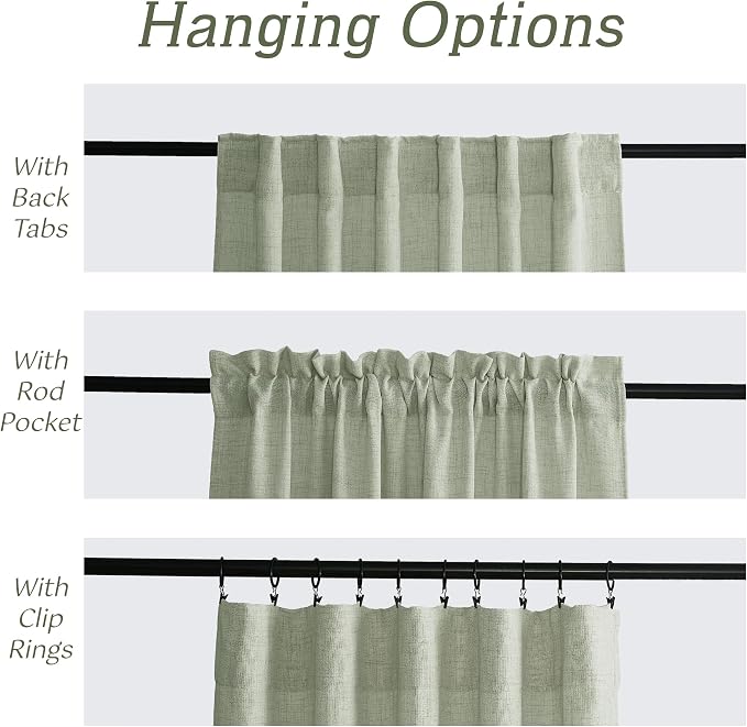 RYB HOME Light Filtering Linen Sheer Curtains 72 inch Long for Farmhouse | Linen Blend Burlap, Semi Transparent, UV Protection, Dorm Laundry Room, Rod Pocket & Back Tab, W52 x L72, Sage, 2 Panels