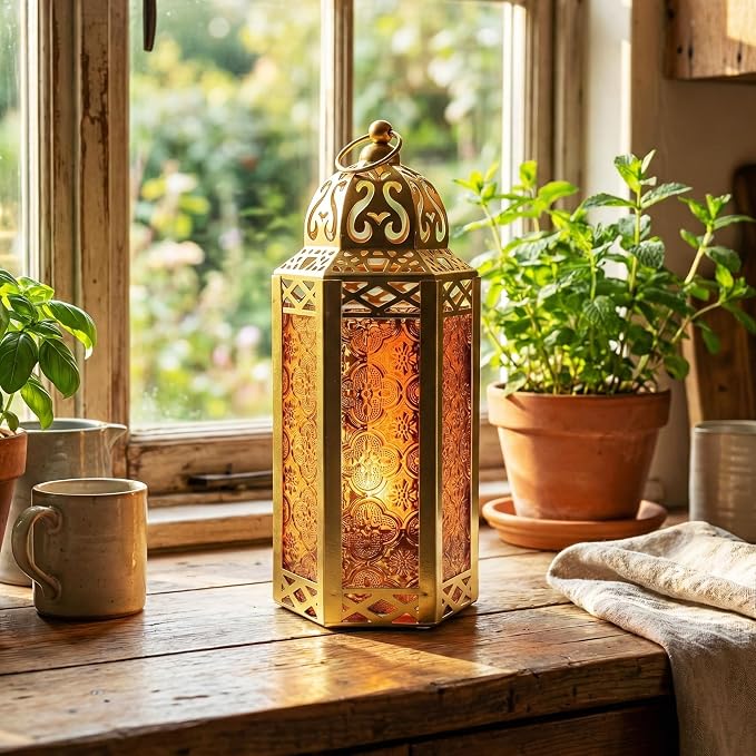 Vela Lanterns Decorative Indoor Moroccan Candle Holder, Gold Amber, M