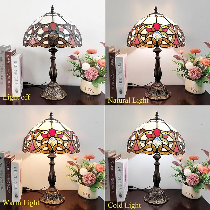 Tiffany Table Lamp Yellow Vines Flowers Stained Glass Desk Light 12 Inch Tiffany Style Bedside Lamp with LED Bulb for Bedroom Living Room Office Decor