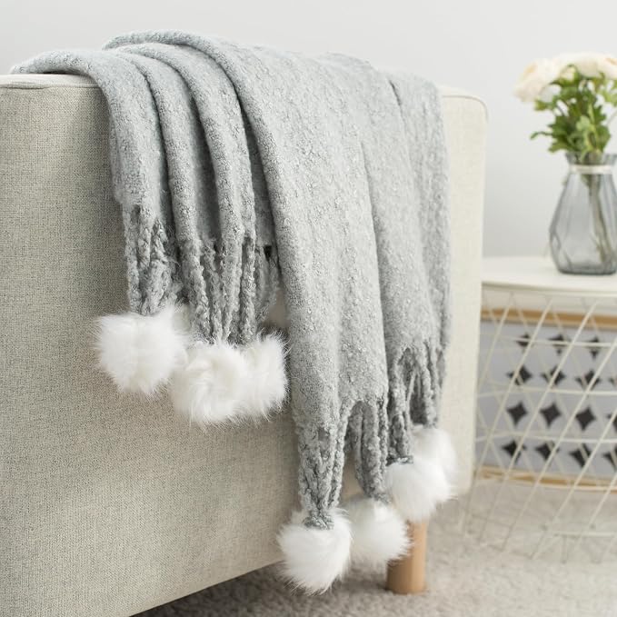 Grey Pom Pom Throw Blanket for Couch, 50"X60" Soft Lightweight Knitted Farmhouse Decorative Blankets for Bed and Sofa