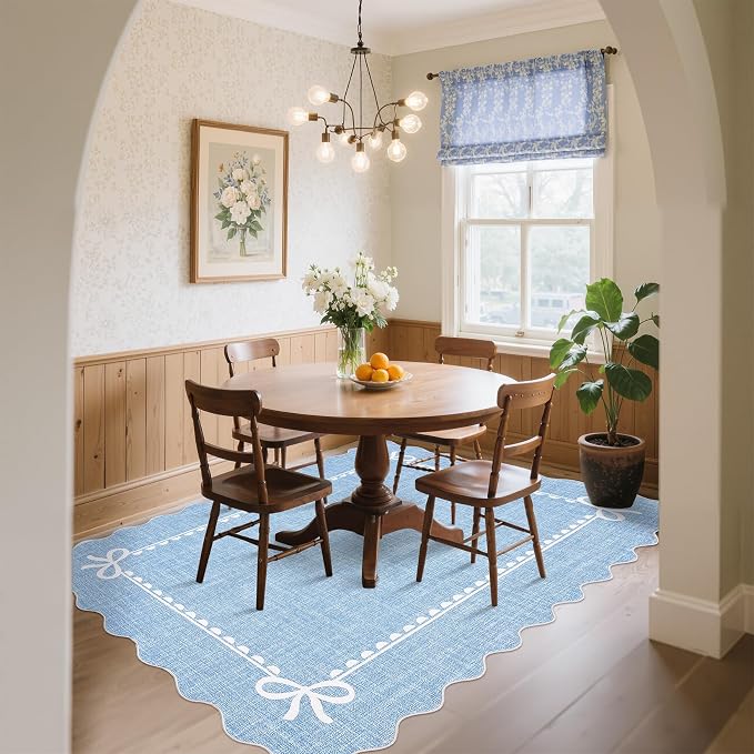 COZYLOOM Large Area Rug 9x12 Nursery Rugs Machine Washable Area Rugs for Living Room, Non Slip Stain Resistant Scalloped Bow Carpet, Non Shedding Low Pile Solid Mats for Bedroom, Dining Room, Blue