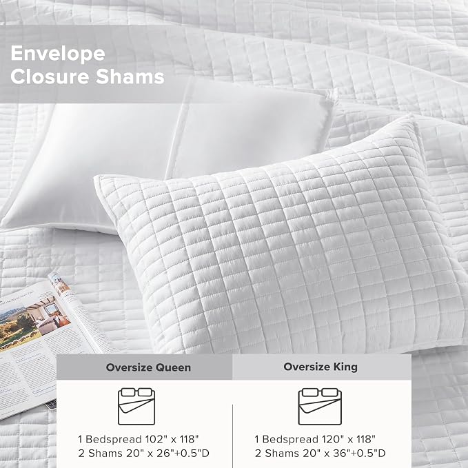 Comfort Spaces Oversized Bedspread Queen Quilt Set 3 Piece 102x 118 White | Coverlet for Summer Soft Cozy Lightweight All Season Quilted Extra Layer with Matching Sham, Bedroom Decor OEKO-TEX Certified