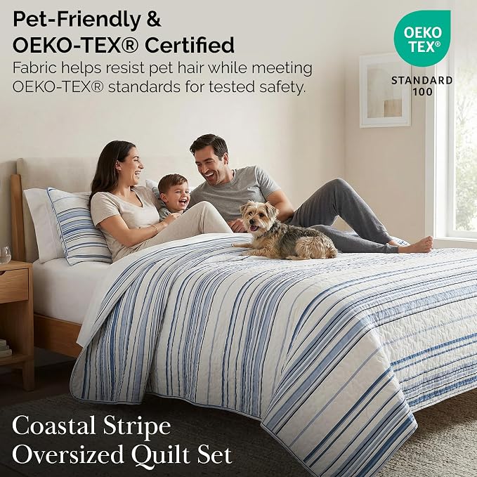 Southshore Fine Living, Inc. Oversized Queen Quilt Set, Striped Blue/White Quilt Bedspread Queen/Full, 3-Piece Coastal Bedding Set with Lightweight Coverlet and Matching Quilted Shams, Blue Stripes