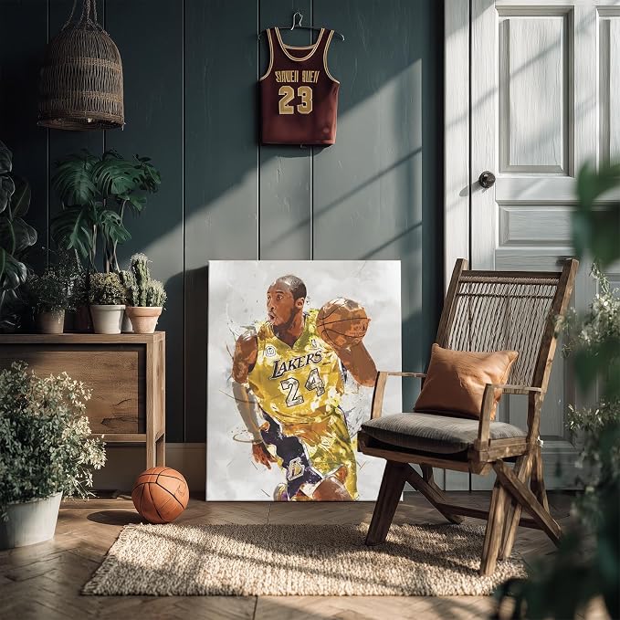 Kobe Bryant Basketball Canvas Wall Art, Sports Player Poster, 24x30 Inch | Abstract splash ink athletic artwork, motivational sports wall decor for teen boys room, bedroom, living room, gym or office