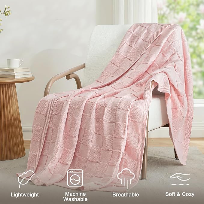 Whale Flotilla Checkered Knit Throw Blanket for Couch, Pink | Soft Decorative Knitted Blankets for Couch Sofa Bed, Lightweight Cozy Throws for Spring Summer, 50x60 Inch