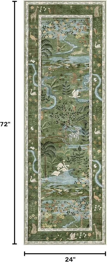 2x6 Hallway Runner Rug Non Slip Forest Nursery Runners Washable Stain Resistant Fairy Tale Whimsical Long Runner Carpets Girls Room Green Safari Animal Rugs for Living Room Kitchen Bedroom, Green