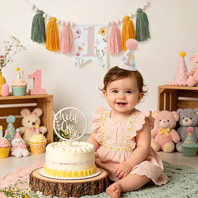 JUIIZAY Wildflower First Birthday Girl 1st High Chair Banner One Year Old