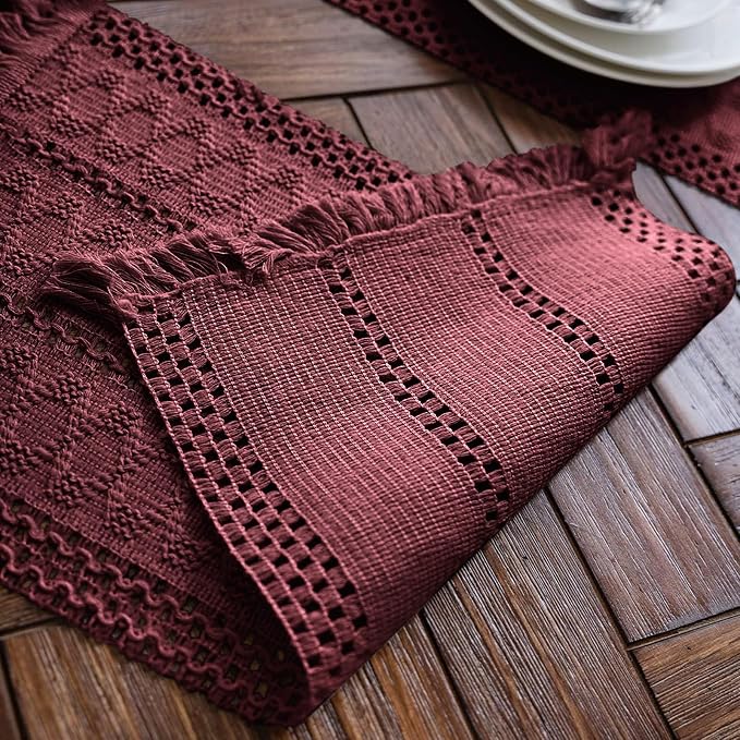 Macrame Table Runner Burgundy Boho Table Runners with Tassels 12x71in | Alynsehom Hand Woven Cotton Table Runner Rustic Farmhouse Table Runners for Bohemian Kitchen Dining Table