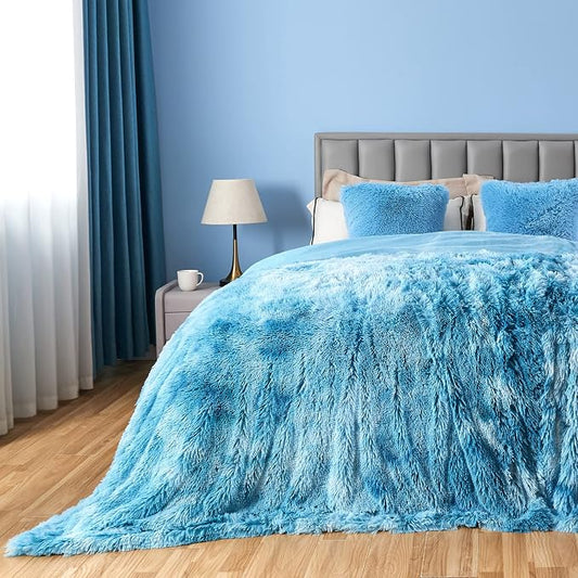 GONAAP Fuzzy Faux Fur Queen Blanket for Couch, Tie-dye Ocean Blue, 90"x90" | Warm Cozy Plush Shaggy Decorative Reversible Thick Non-Heated Fleece Blanket for Sofa Bed, Gift for Women Men, All Season Use
