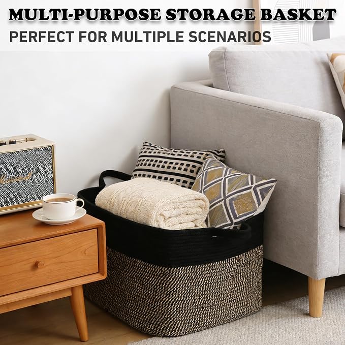 96L Laundry Basket with Handles, Extra Blanket Basket, Black/Jute | 24"×16"×15" Collapsible Cotton Rope Storage Basket for Toys Clothes & Pillows, Nursery, Bathroom, Bedroom, Living Room