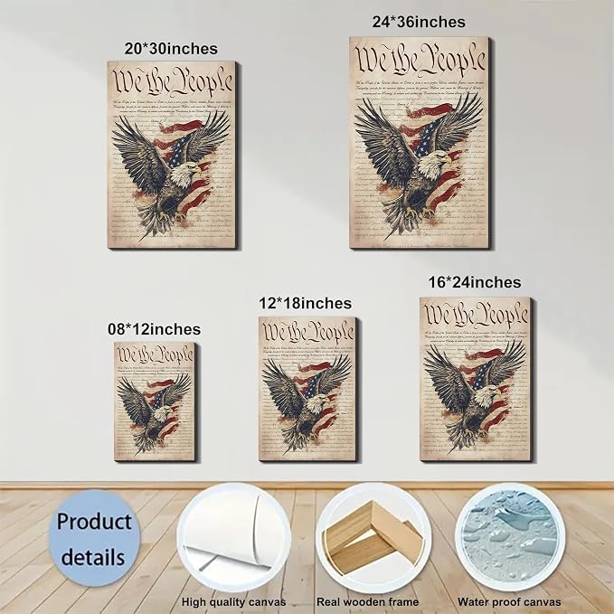 Framed We The People Bald Eagle Wall Art, Patriotic US Constitution Canvas Art Pictures, American Flag Wall Decor, Made in USA Ready to Hang for Office Living Room