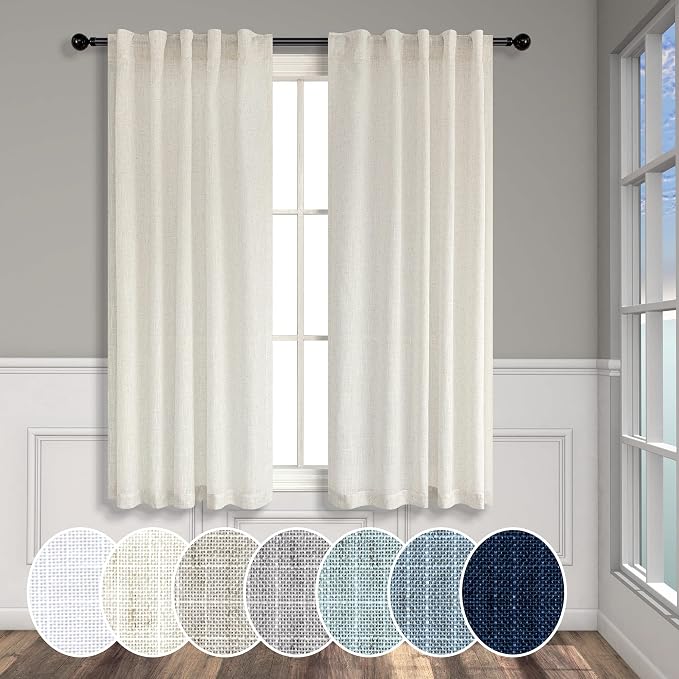 Natural Linen Curtains for Small Windows 38 Inch Wide 2 Panels Set Back Tab Pocket Short Skinny Narrow Mini Curtains for Bedroom Bathroom Basement Farmhouse Decor 38x45 Inch Length Ivory Cream Colored
