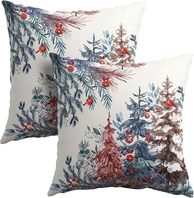 Christmas Tree Throw Pillow Covers 16x16 Inch Set of 2 Winter Watercolor Pine Trees Red Berry Bells Birds Decorative Pillowcase Xmas Holiday Cotton Linen Cushion Cover for Home Sofa Couch Patio