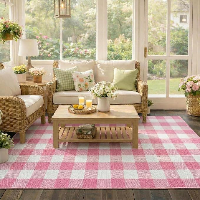 Buffalo Plaid Area Rug, Checkered Rug 27.5x43 Inches, Pink and White Rug, Washable Cotton Mat for Front Porch, Entryway, Kitchen, Living Room, Home Decor