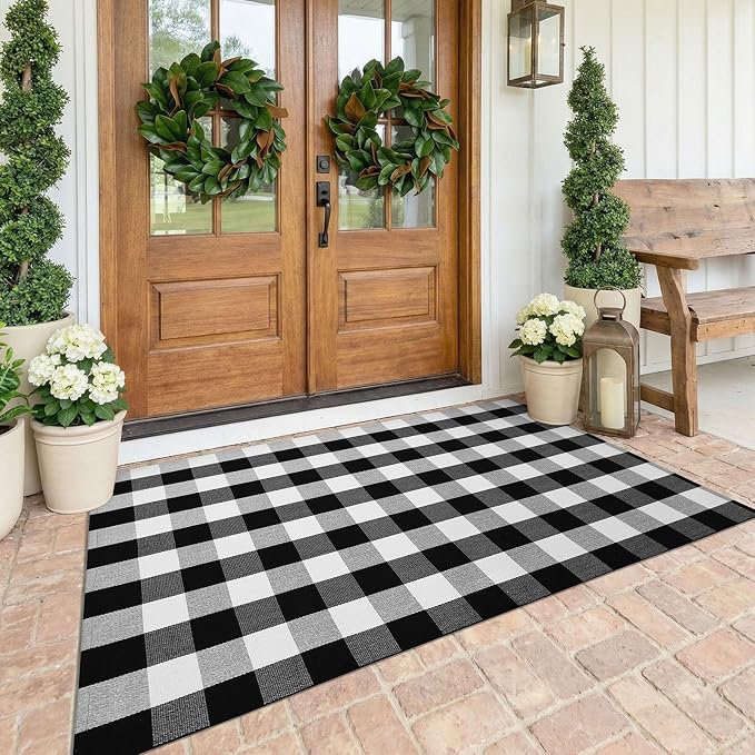 KOZYFLY Buffalo Plaid Area Rug 4 x 6 Ft Black and White Checkered Rug Washable Outdoor Rugs Cotton Rugs for Bedroom Front Door Mat Carpet for Front Porch Living Room Dining Room Kitchen | Washable Outdoor Rugs, Cotton Front Porch Rug, Woven Front Door ...