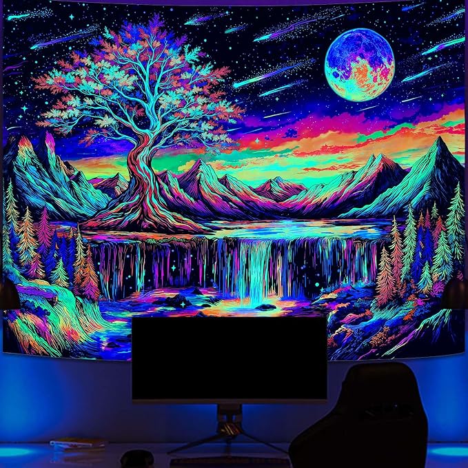 Zussun Blacklight Tree of Life Tapestry UV Reactive Moon Mountain Forest Waterfull Tapestry for Bedroom Aesthetic Nature Small Tapestries Wall Hanging for Dorm Living Room Decor 48 x 36 Inch
