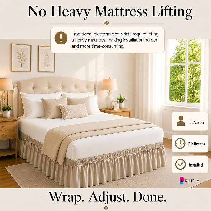 Light Camel Bed Skirt Queen Size 18" Drop, Elastic Wrap Around Bedskirt | Solid Ruffled, Easy to Use, No Mattress Lifting, Wrinkle & Fade Resistant, with Adhesive Strips, Machine Wash/Dry/Iron